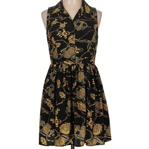Alythea Black & Gold Chain-Print Sleeveless Collared Mini Dress